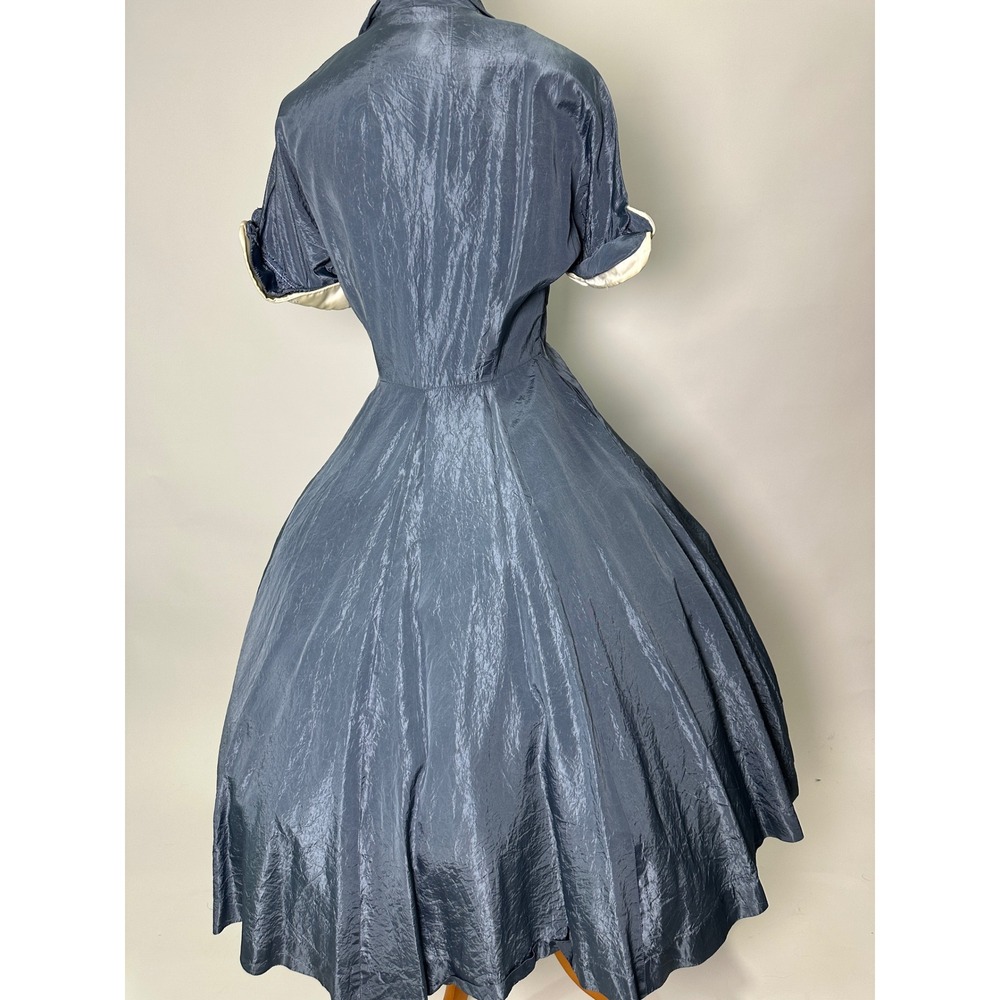 Vintage 1950s Leslie Fay Blue Satin Fit Flare Dress Pearl Cuffs Pockets 50s - Picture 9 of 11